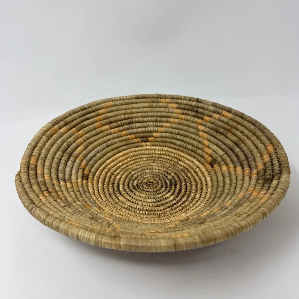 Vintage Handwoven Coiled Grass Basket Bowl Tribal Geometric Boho Decor 9